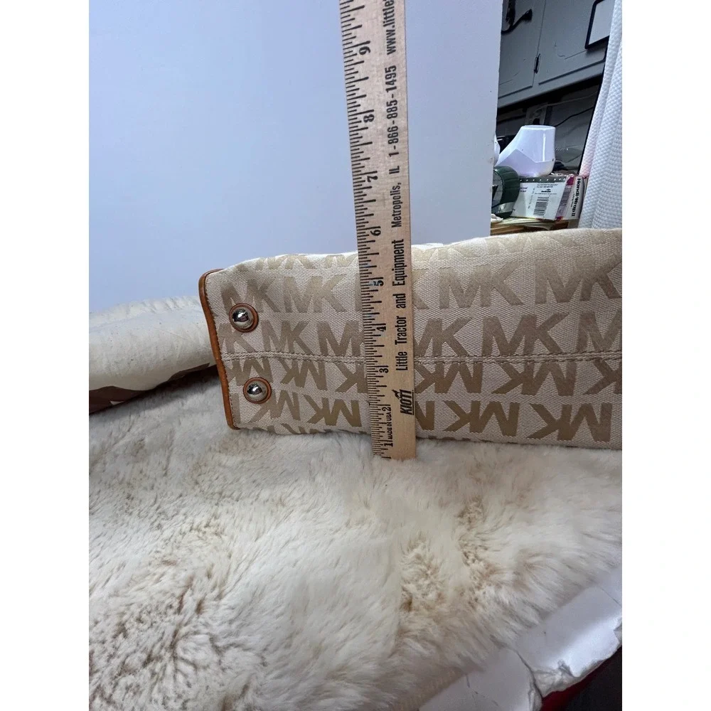 Michael Kors Hamilton Satchel Monogram Canvas Tan Leather Crossbody Bag Dust Bag